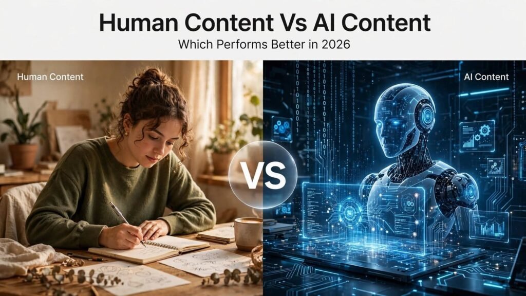 Split-screen comparison of a woman writing content by hand in a cozy workspace and a futuristic AI robot surrounded by digital interfaces, illustrating human content vs. AI content and which performs better in 2026.