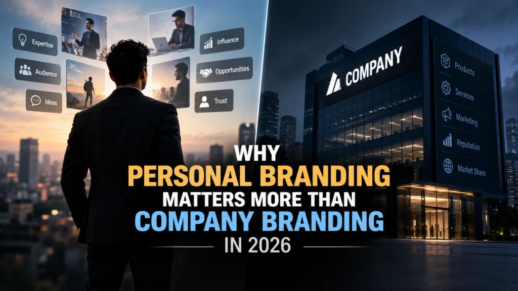 A businessman views digital branding elements beside a corporate building, illustrating why personal branding matters more than company branding in 2026.